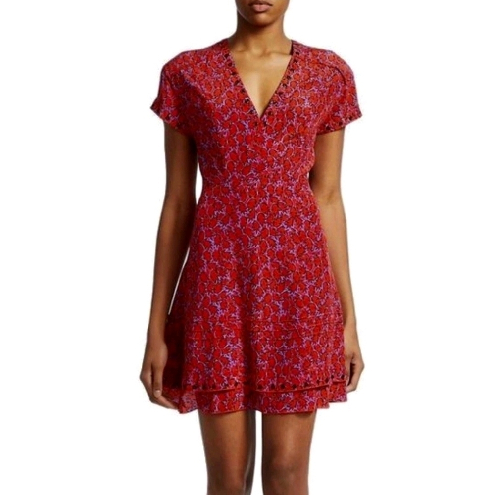 Derek Lam 10 Crosby Nwot Red Silk Blend Floral Mini Dress V-Neck Fit & Flare S